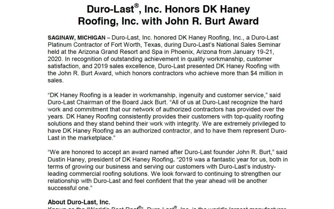 Duro-Last, Inc. Honors DK Haney Roofing, Inc. with John R. Burt Award