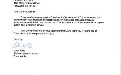 DK Haney Roofing Wins Duro-Last A+ Service Award